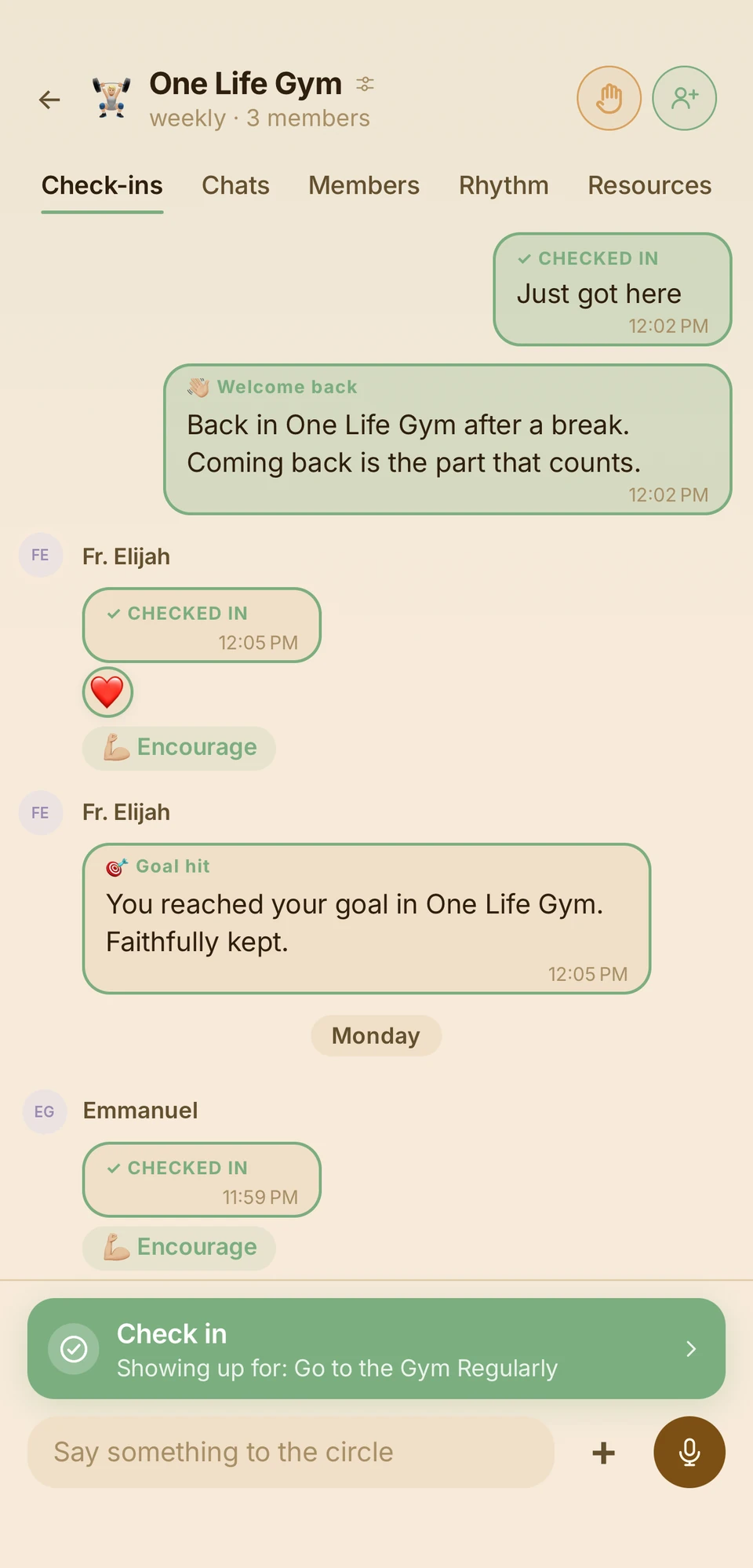 A real Lifeinfull circle thread: members checking in at the gym, welcomed back and encouraged, with a kept goal celebrated